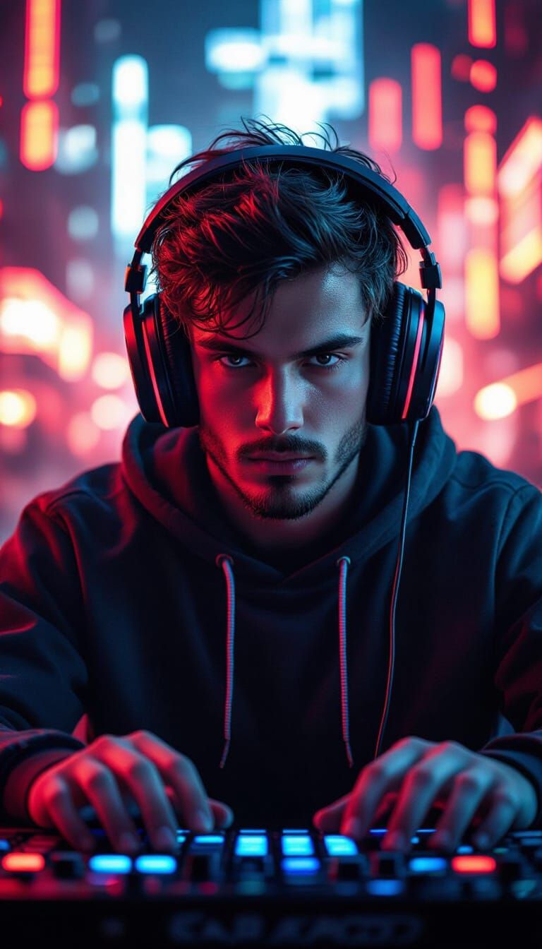 High-Energy Gamer Portrait in Cyberpunk Style