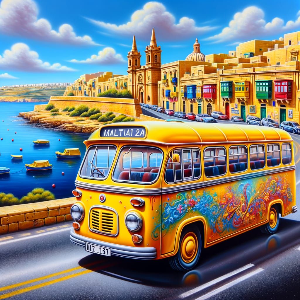 A yellow bus from Malta driving around Malta.