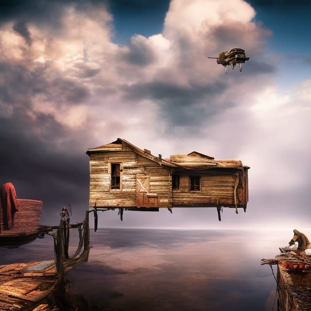 Surreal Derelict Houseboat Dreamscape in Colorful Holographi...