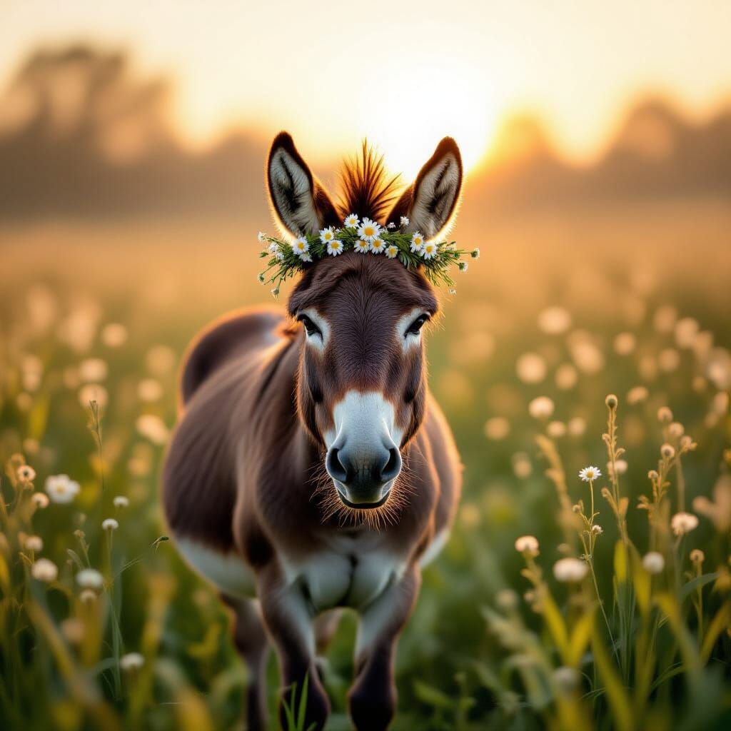 Donkey Crowned with Wildflower Tiara in Dawn Meadow