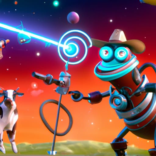 Cosmic Cattle Attacked by Cowboy Robot: Pixar Style