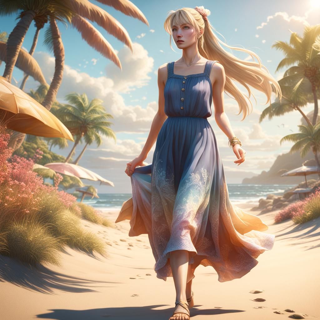 Usagi Tsukino (barefoot) wearing (sundress) walking along a beach. surf sun