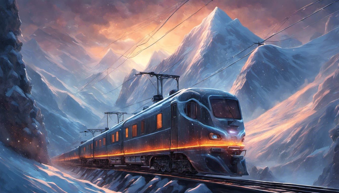 Electric Train Through Snowy Mountains, Fantasy Art