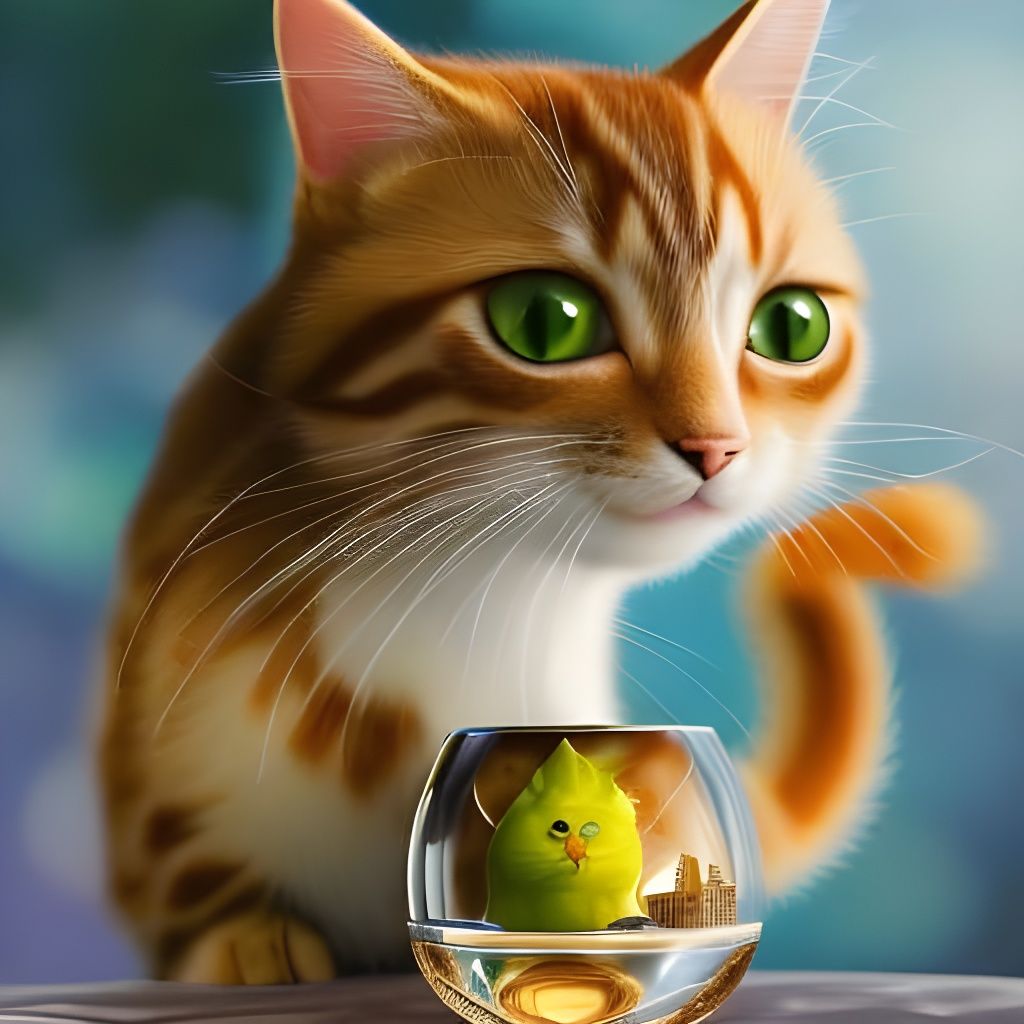 Adorable Cat in Crystal Bowl, Detailed Matte Painting
