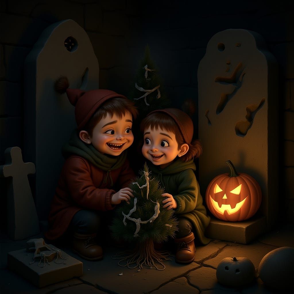 Children Decorate Crypt Christmas Tree with Found Objects