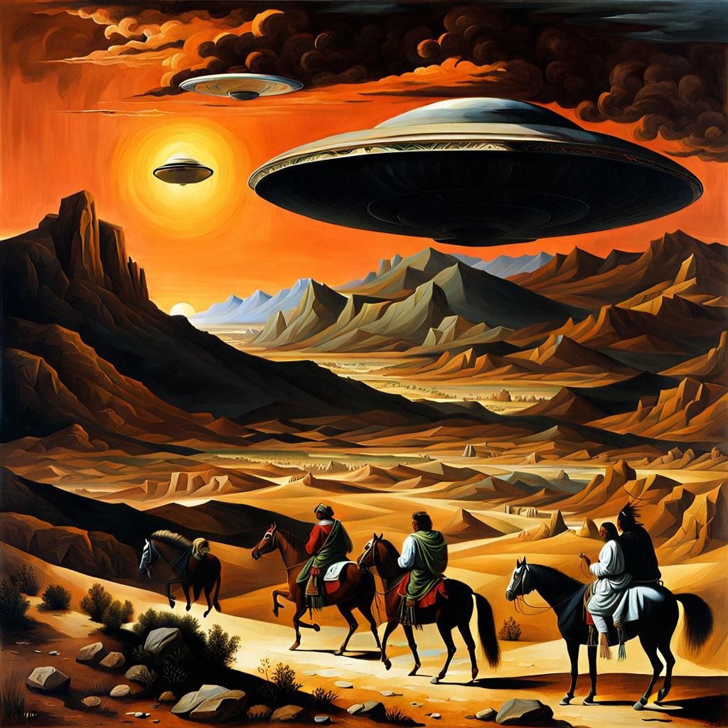 Desert Landscape with UFO in Baroque Style