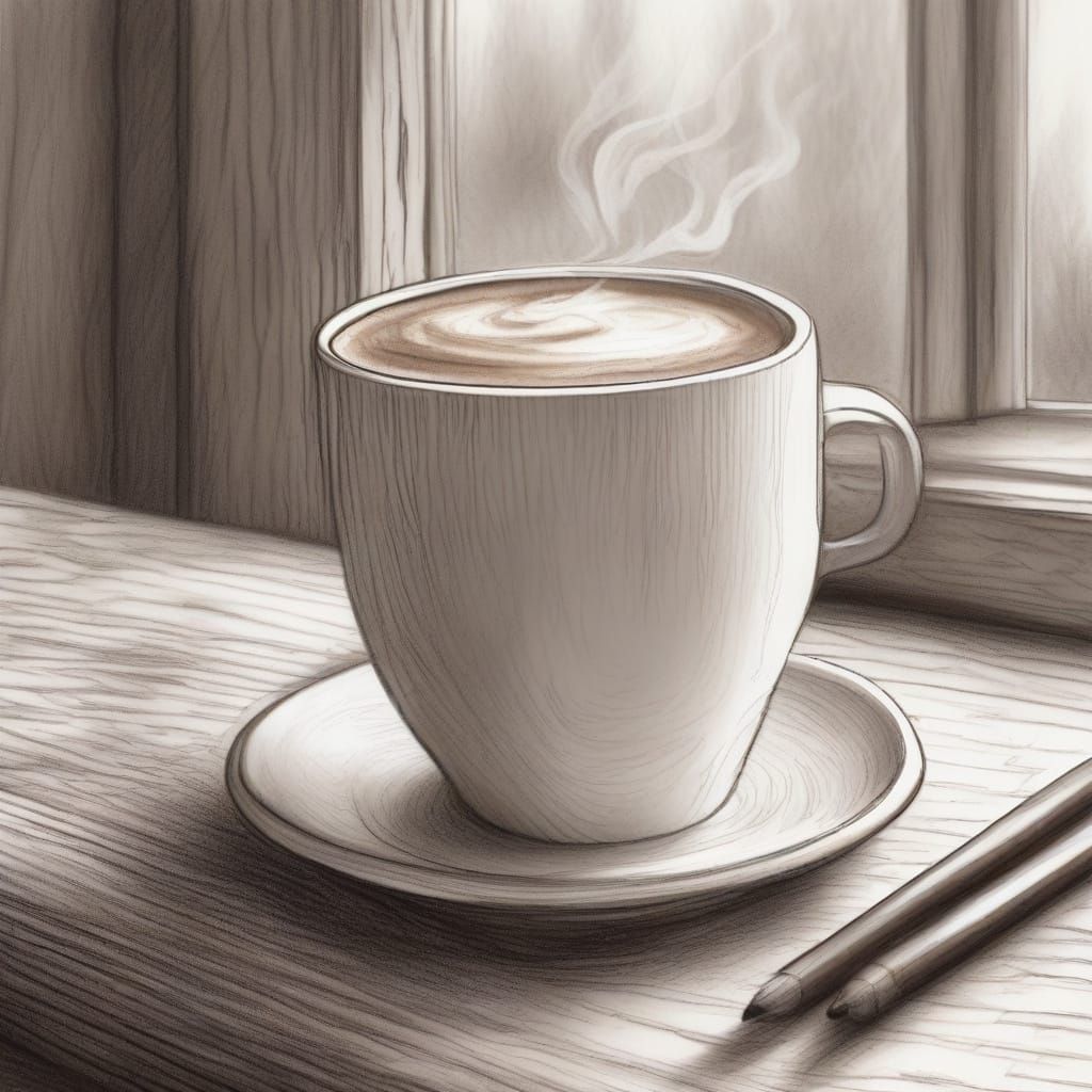 Detailed Pencil Sketch of Coffee Cup and Espresso Maker