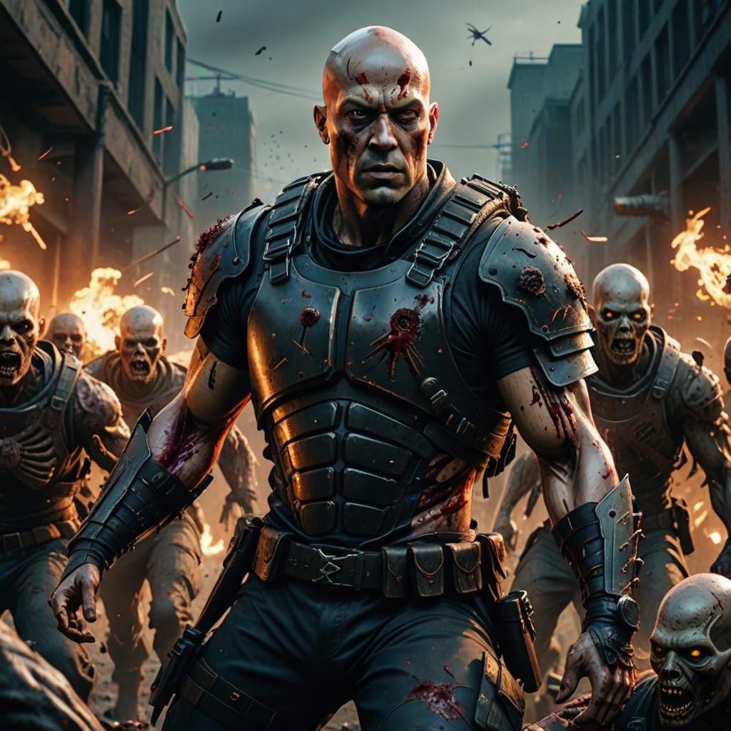 Bald Warrior Surrounded by Zombies in Digital Art