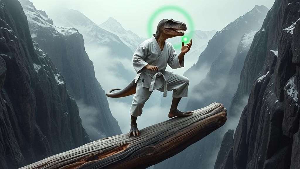 Karate Raptor Balances on Cliffside Log