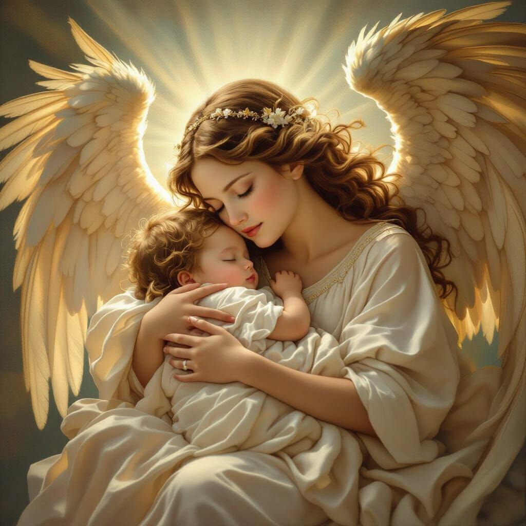 Ethereal Angel Carrying Infant in Renaissance Style