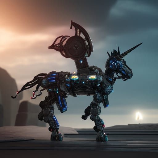 Mechanical Unicorn Escaping Darkness in Sci-Fi Style