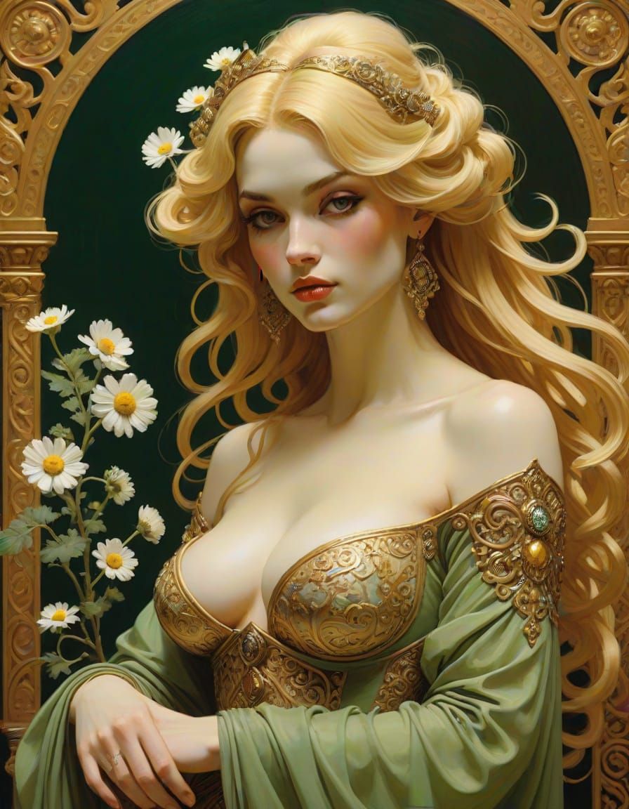 Baroque Goddess with Floral Tattoos in Oil Painting Style