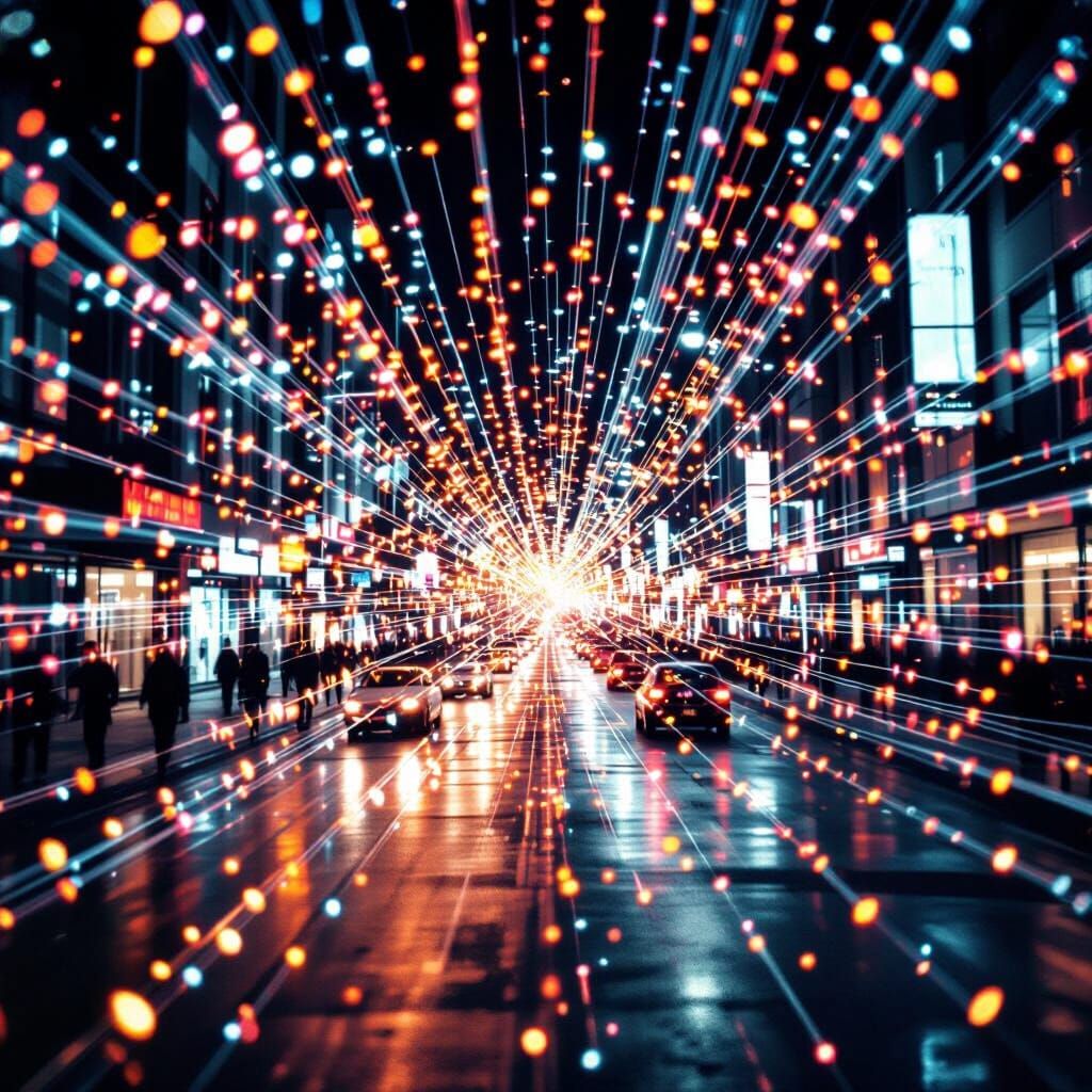Cosmic Light Net Reflecting Street Scenes in Cinematic Style