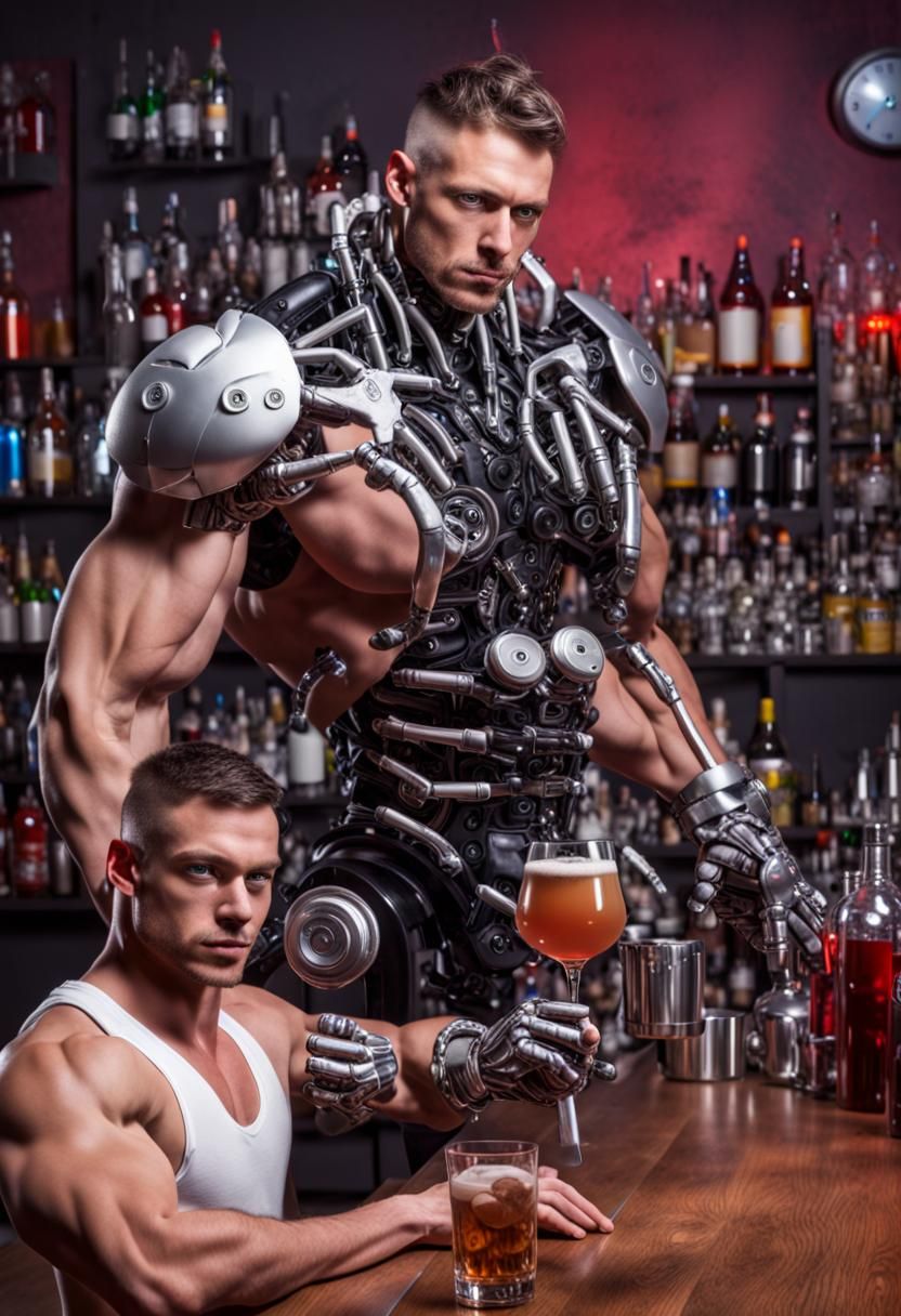 Muscular Cyborg Bartender: Futuristic Fusion