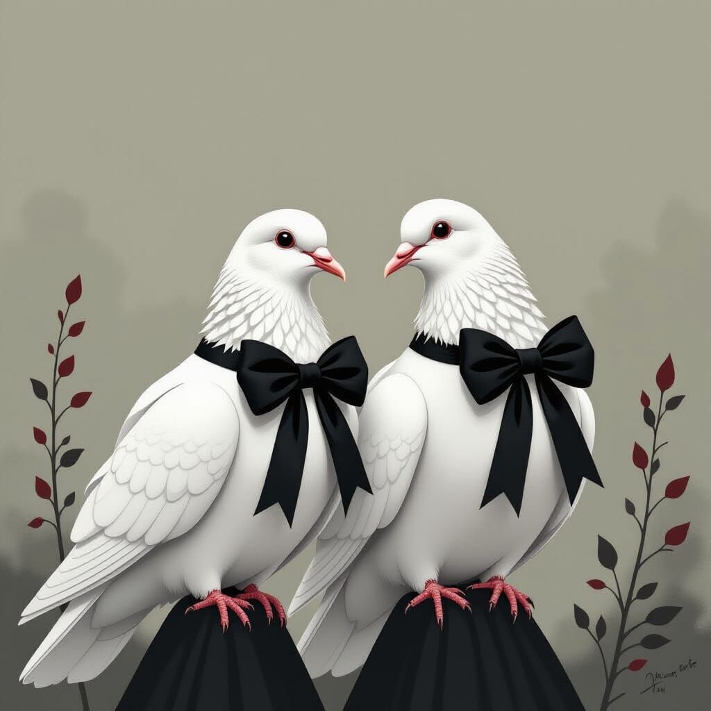 Gothic Doves in Mourning with Black Bows