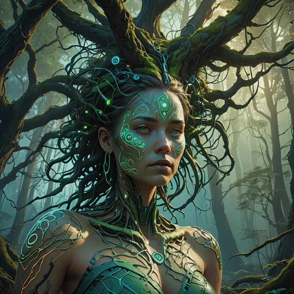 Green Goddess with Cybernetic Tattoos in Forest