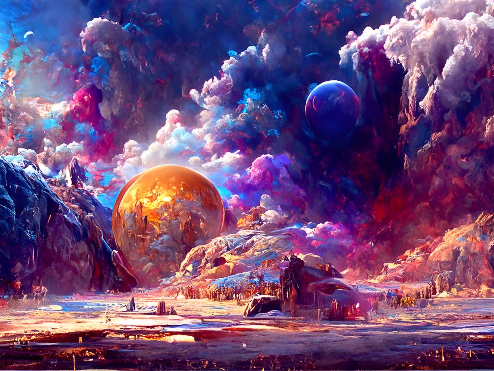 Hyperrealistic Cosmic Landscape Painting in Cold Colors