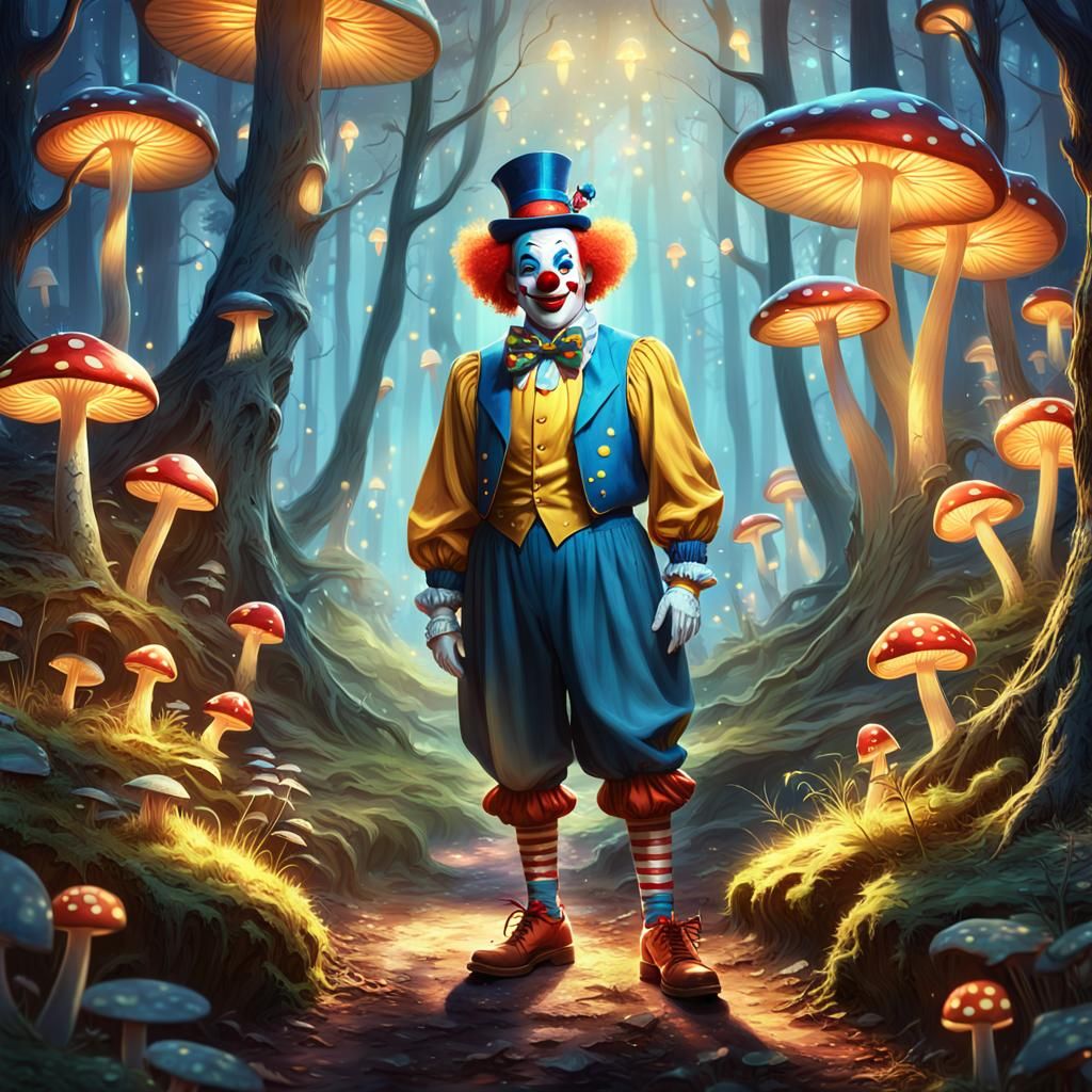 Friendly Clown in Whimsical Mushroom Forest