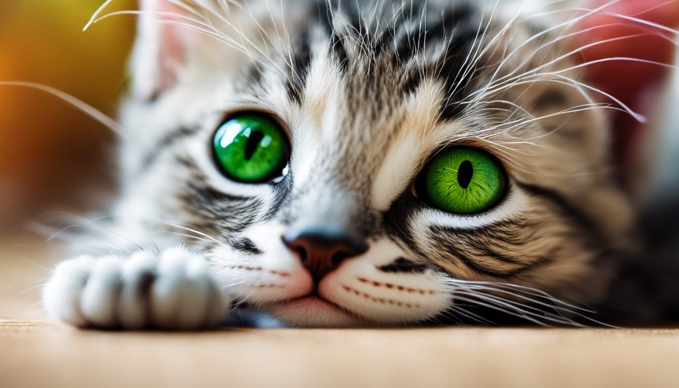 Green-Eyed Kitten Playing with Yarn: Macro Photography
