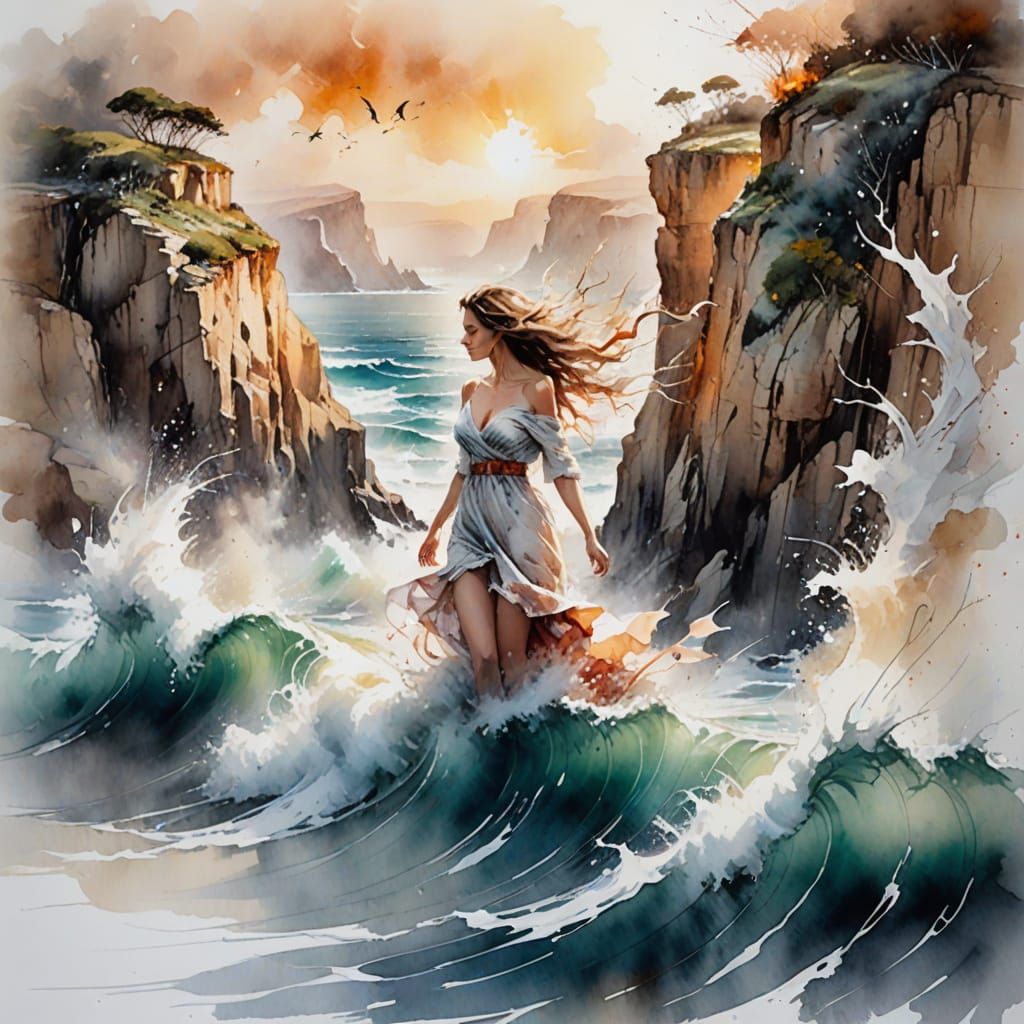 Albatross Soars Above Windswept Cliff, in Watercolor Style