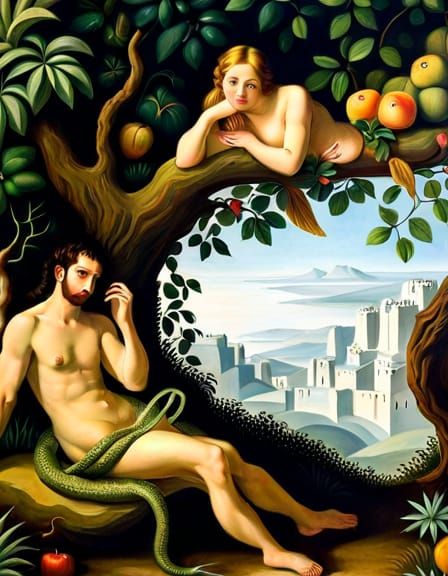 Adam and Eve in Fruit Landscape, Gouache