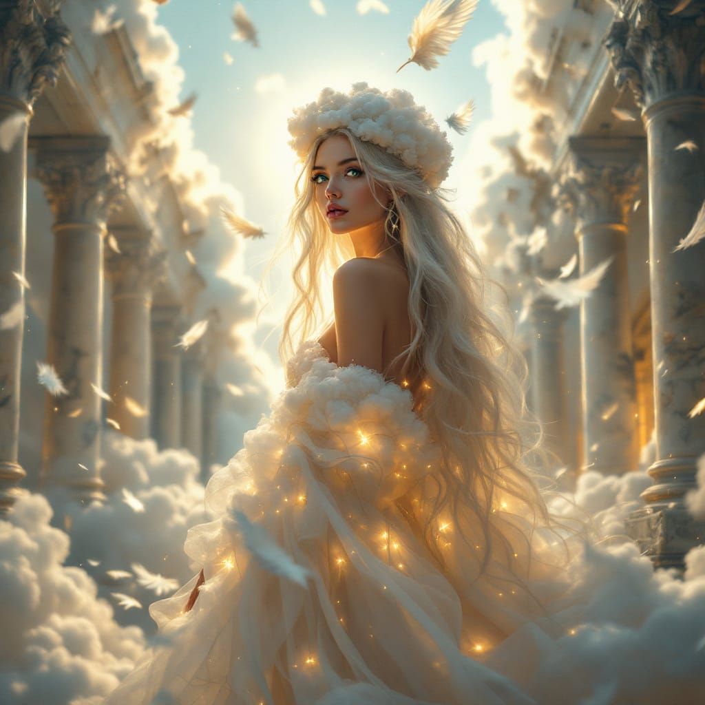 Ethereal Woman in Sky Temple Ruins