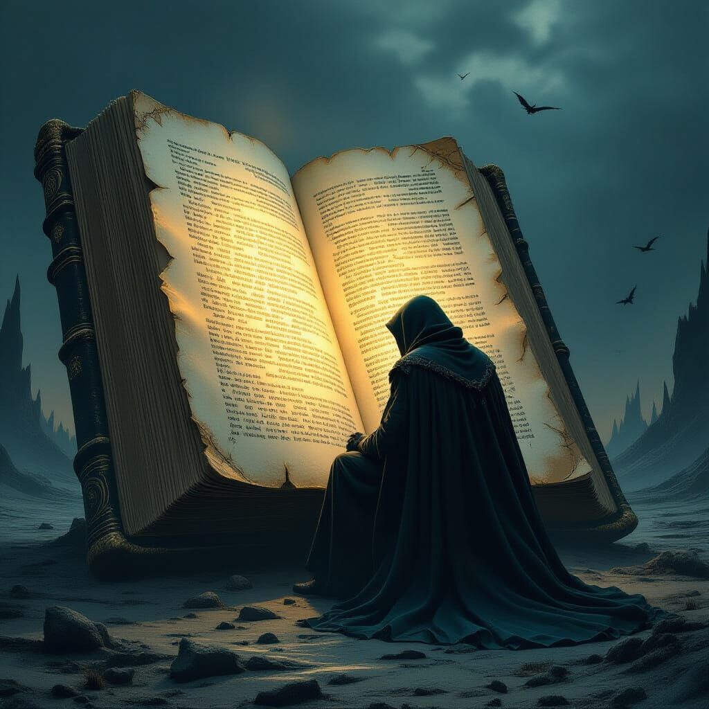 Gothic Horror Figure Contemplating Ancient Tome