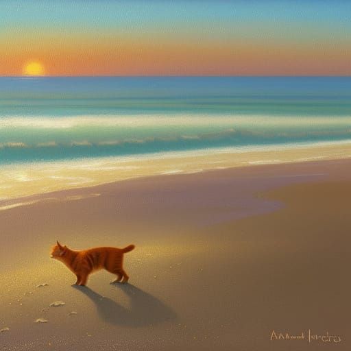 Warm Beach Scene with Orange Cat in Vibrant Impressionist St...