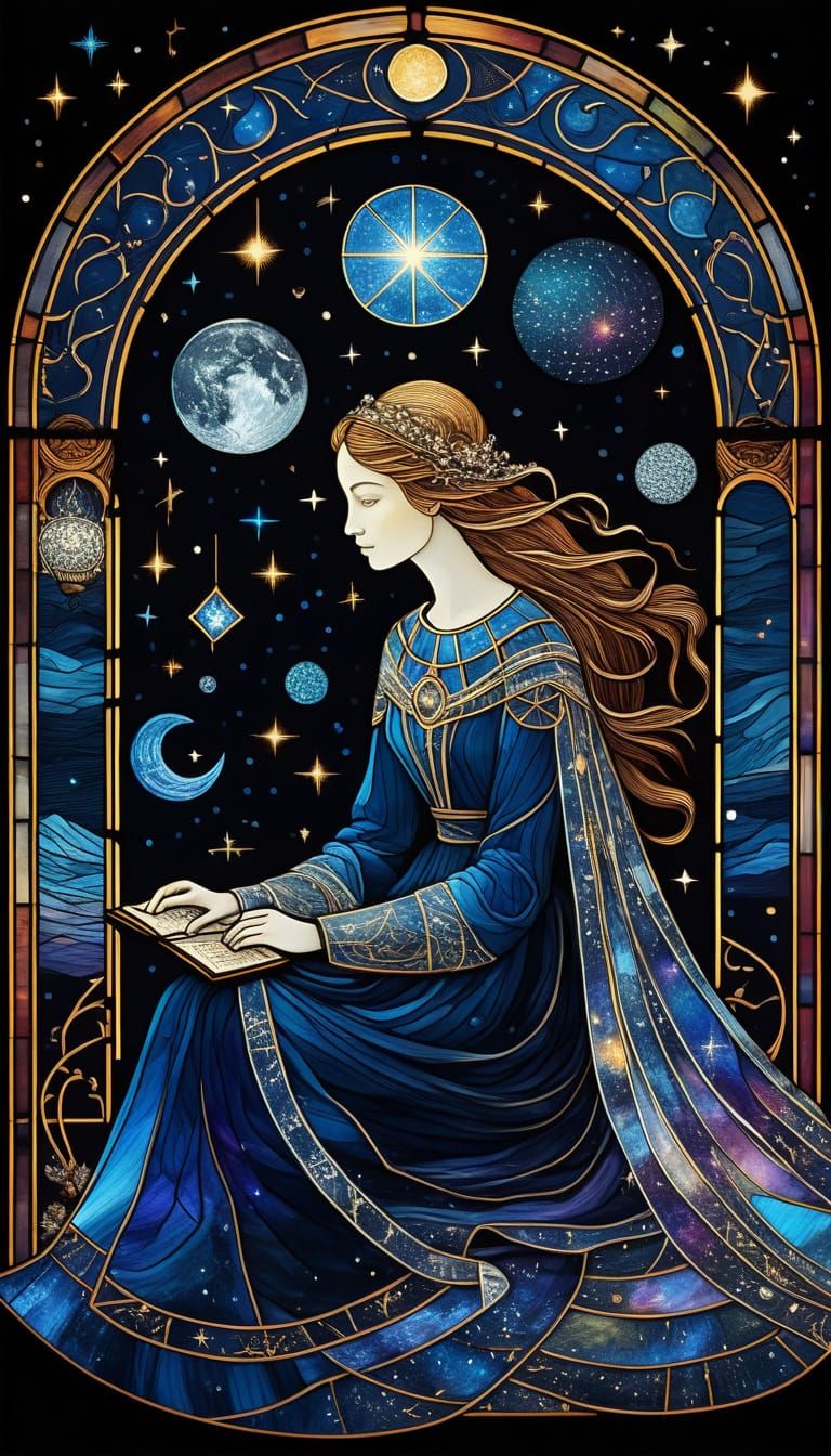 Celestial Story Weaver Tarot Card in Stained Glass