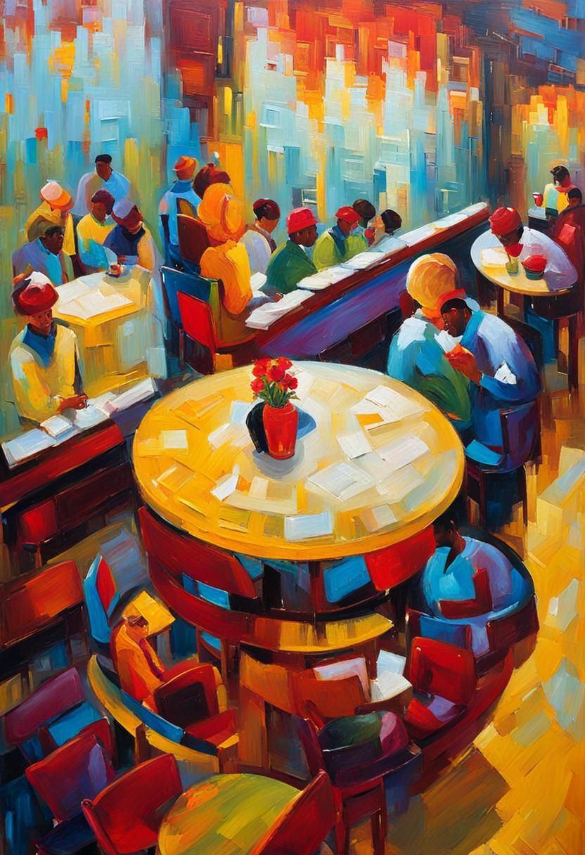 Bustling Cafe Scene in Neo-Impressionist Style
