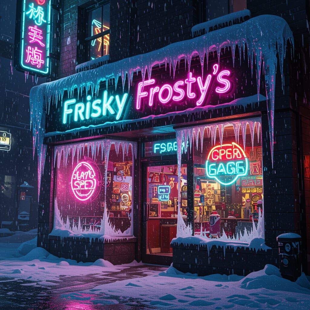 Cyberpunk Storefront Covered in Frost and Neon