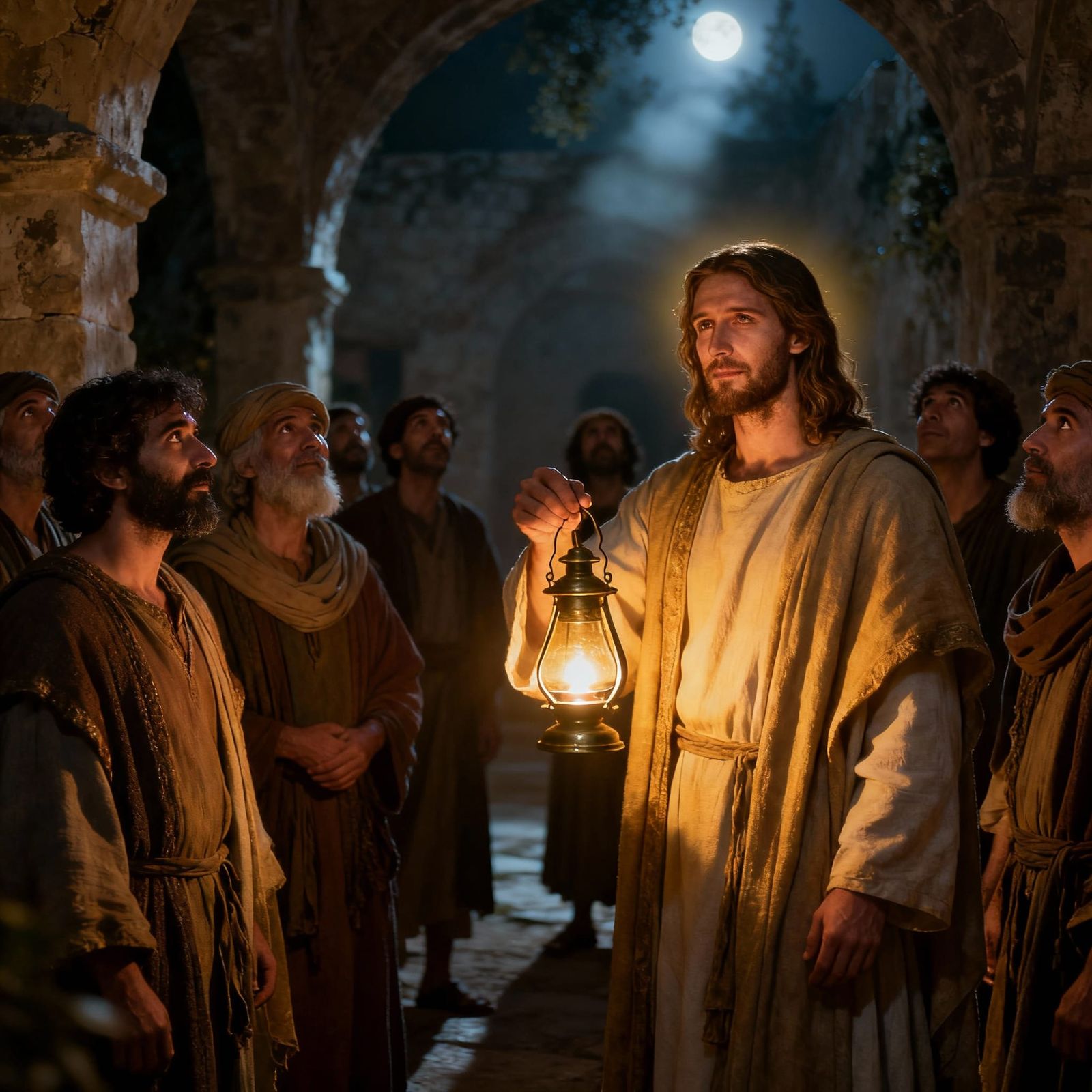 Jesus Illuminates Followers in Ancient Courtyard