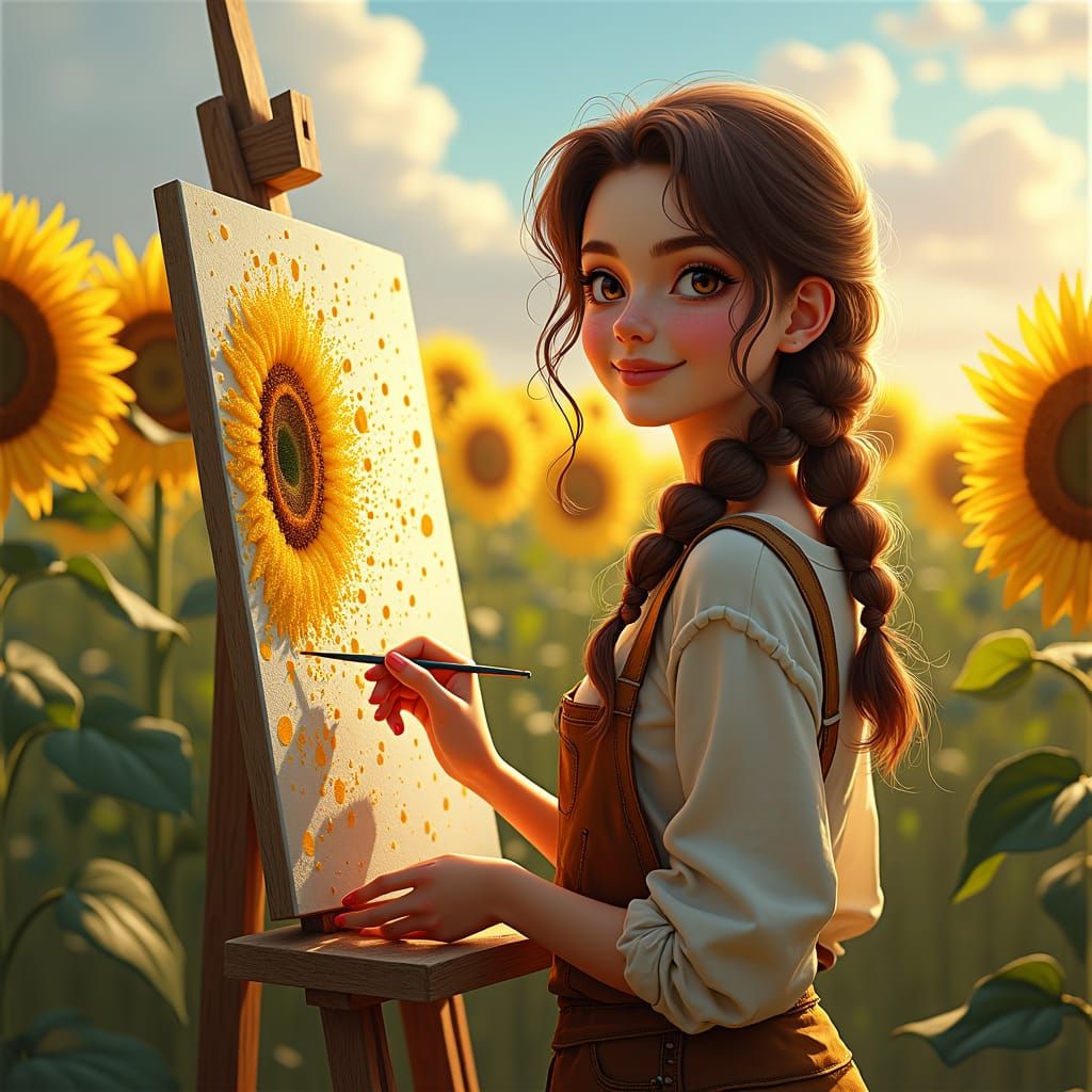 Sunflower Field Pointillism Painting in Fantasy Style