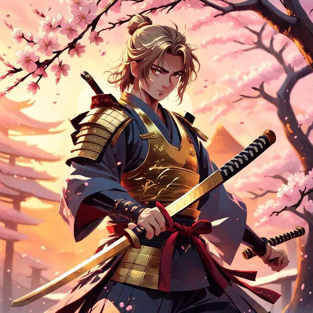 Fantasy Samurai with Golden Katana: Anime Oil Painting