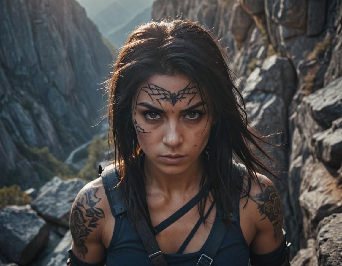 Young Female Assassin in Dark Ninja Outfit Climbs Mountain