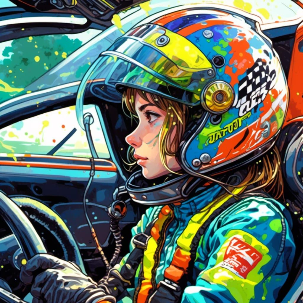 Focused Female Race Car Driver in Manga Style