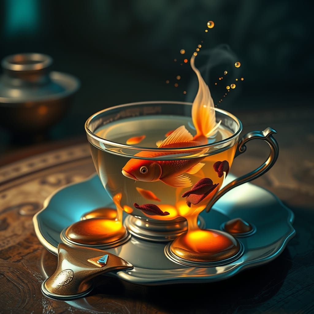 Fish Pond in Teacup with Molten Metal Spill