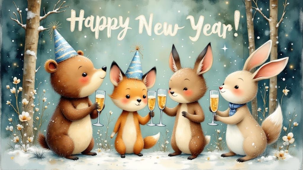 Forest Animals Toasting New Year in Snowy Woods