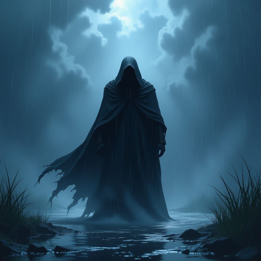Ominous Figure in Torrential Rain: High Contrast Art