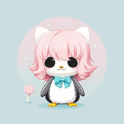 Pastel Penguin with Lollipop in Kawaii Style