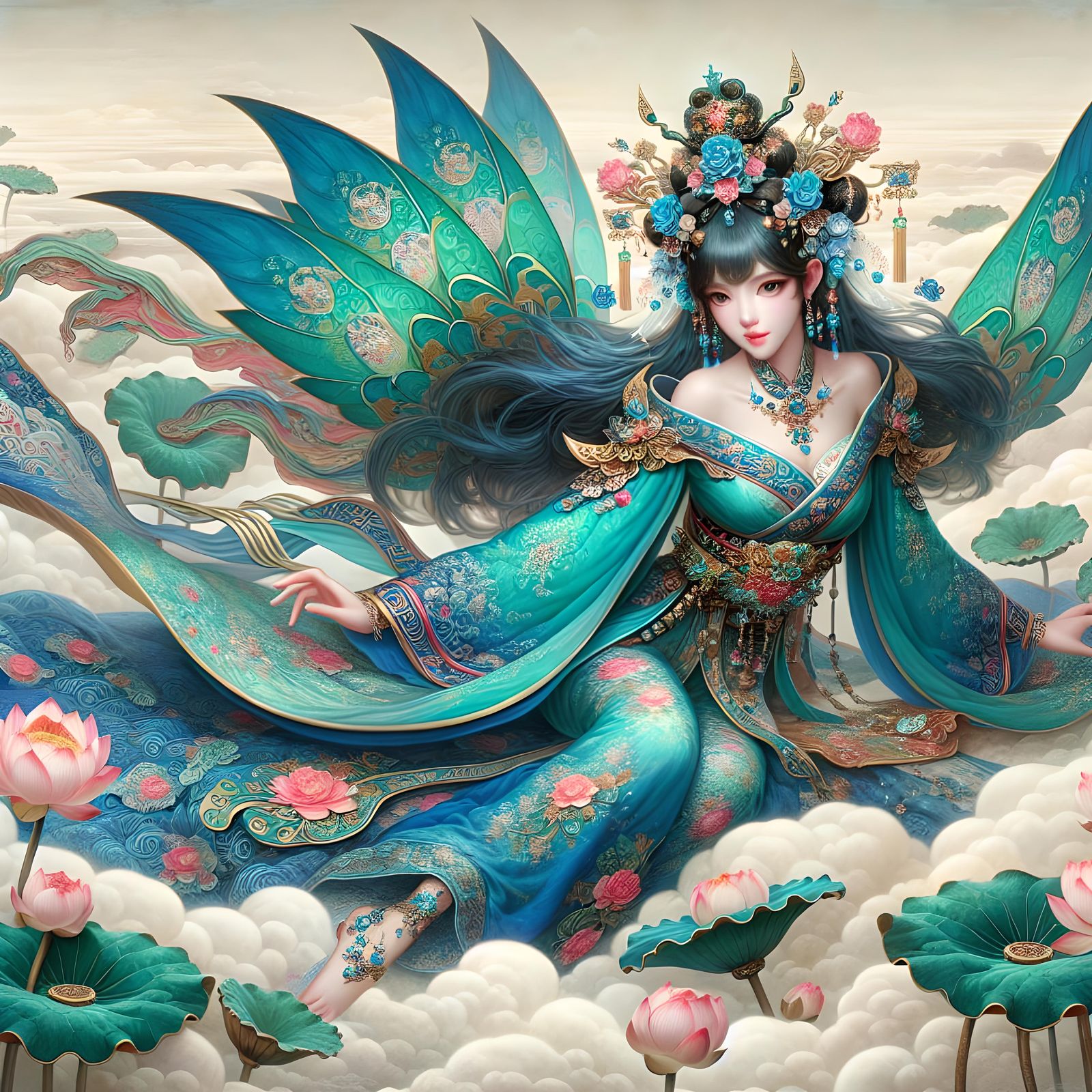 Beautiful Fantasy Fairy Flying in Clouds