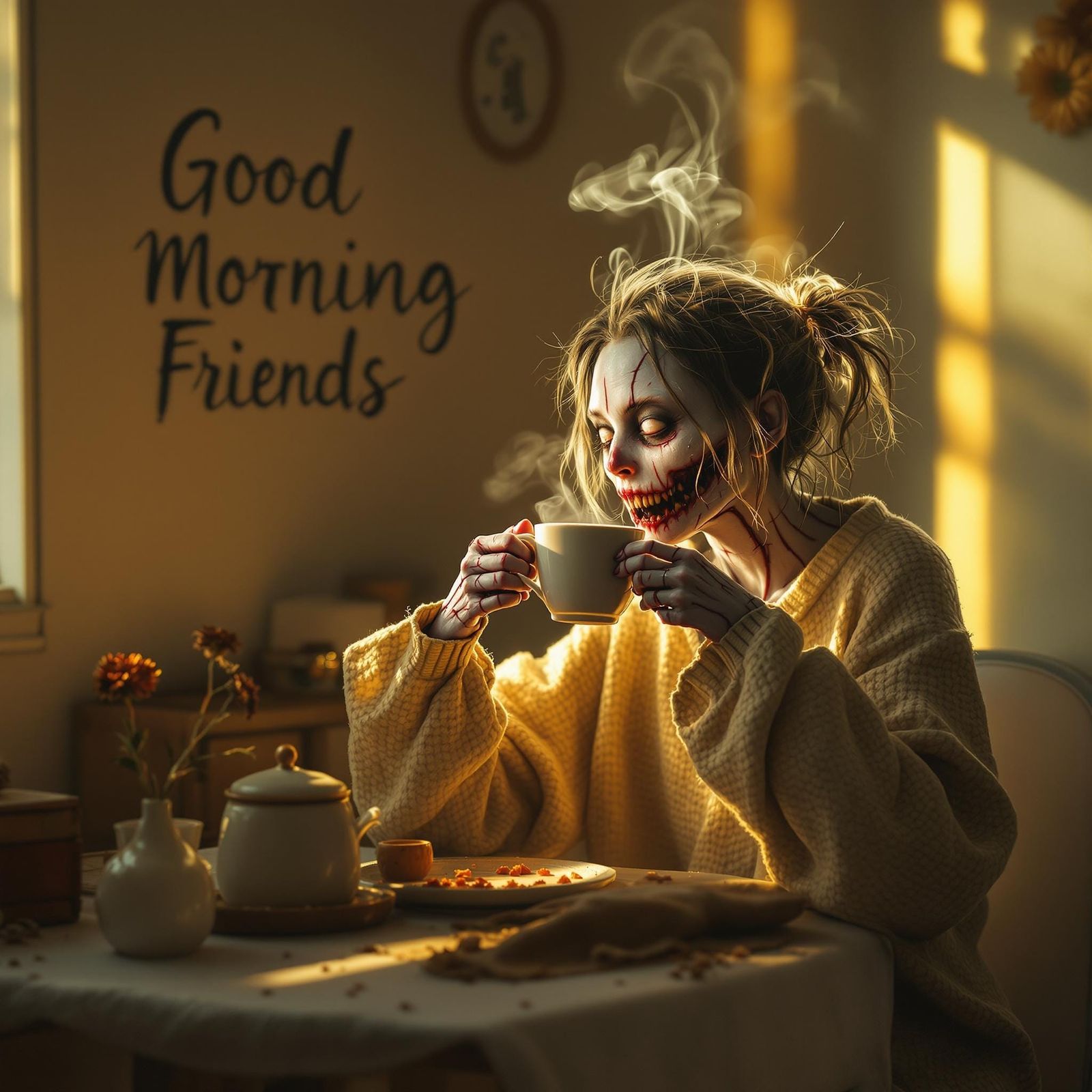 A slightly whimsical yet eerie female zombie with pale, crac...