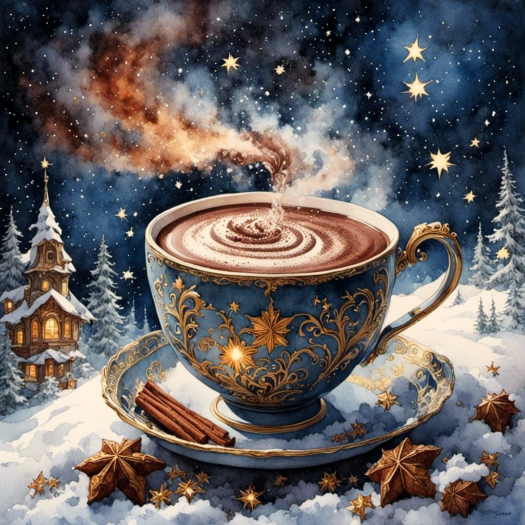 Romantic Watercolor Hot Chocolate Under Sparkling Stars