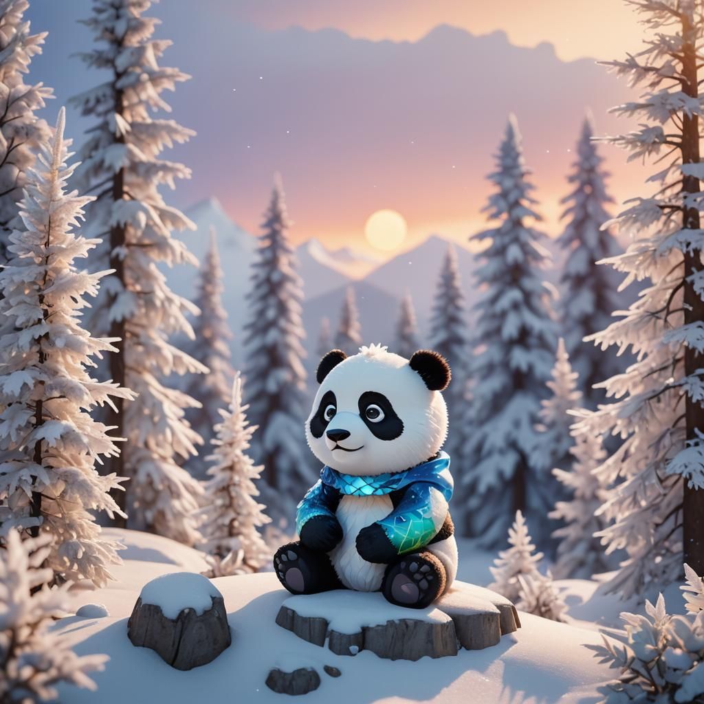 Chibi Frost Panda on Snowy Mountain in Cel-Shaded Style