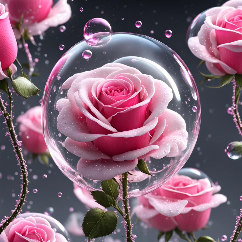 Pink and White Rose in Transparent Bubble