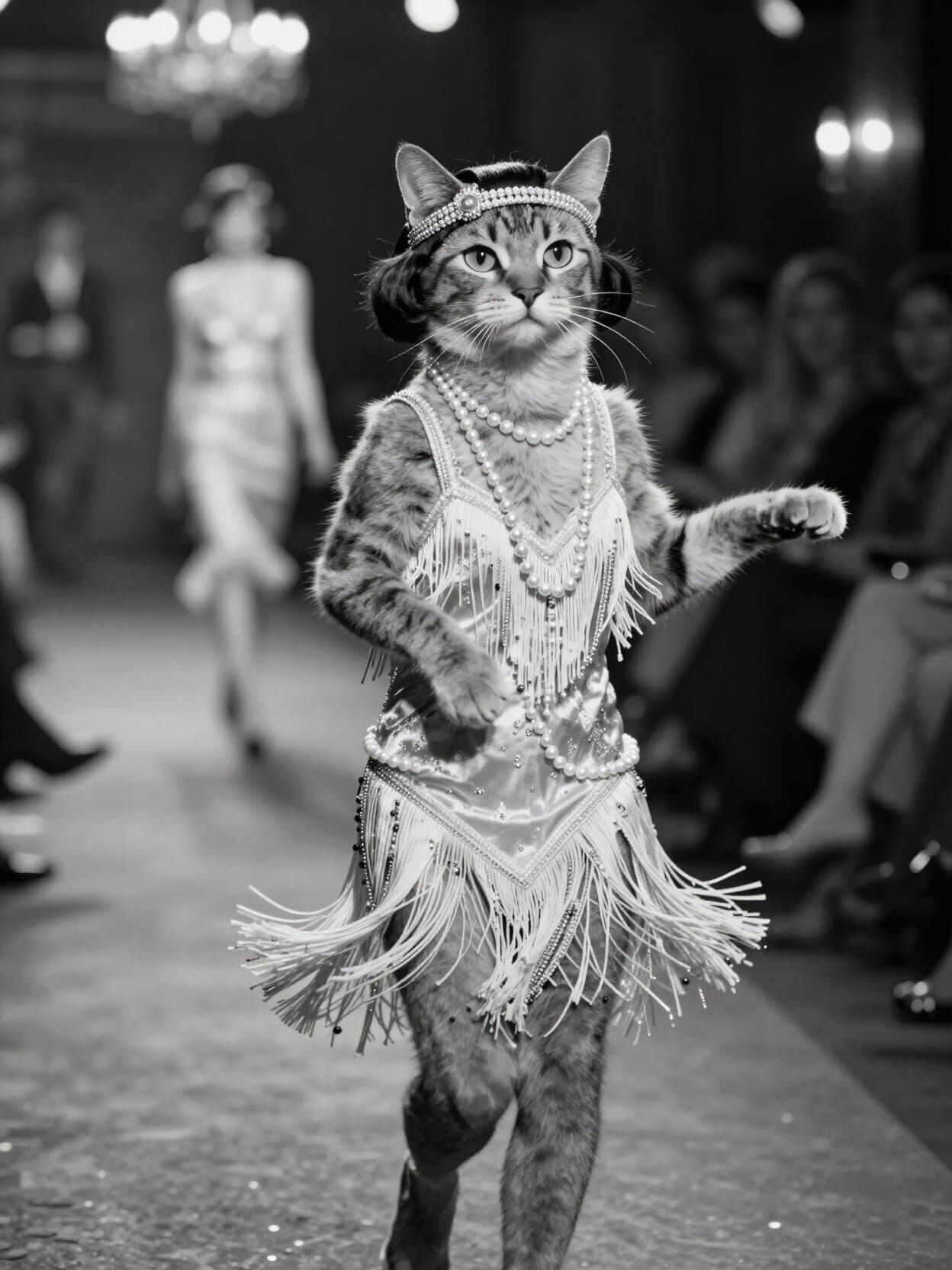 Cat Flapper Struts Speakeasy Runway in 1920s Fashion