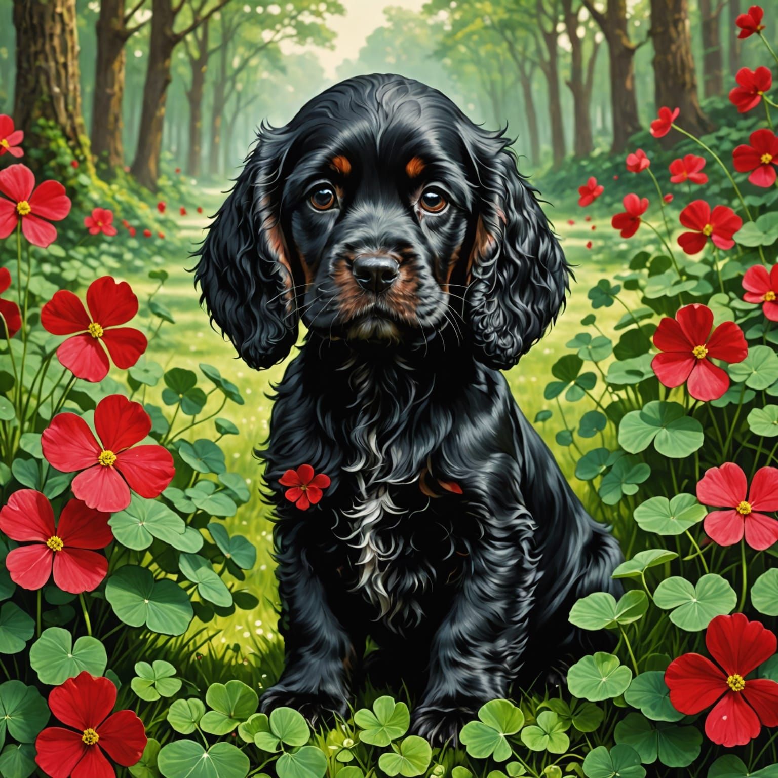 Ruby Cocker Spaniel in Whimsical Woodland Scene