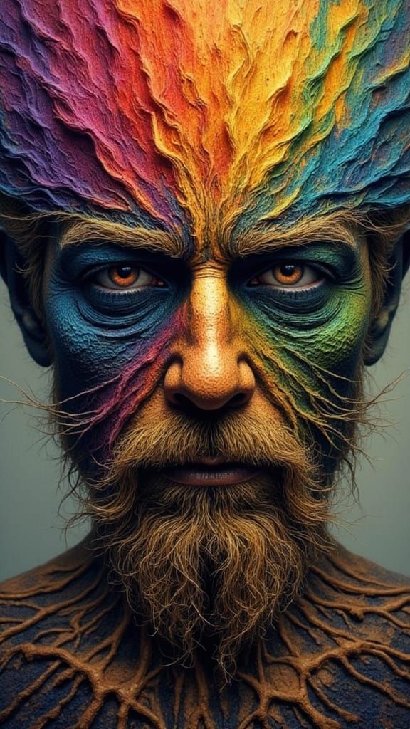 Fractal Faced Man with Rainbow Moss in Dark Fantasy Style