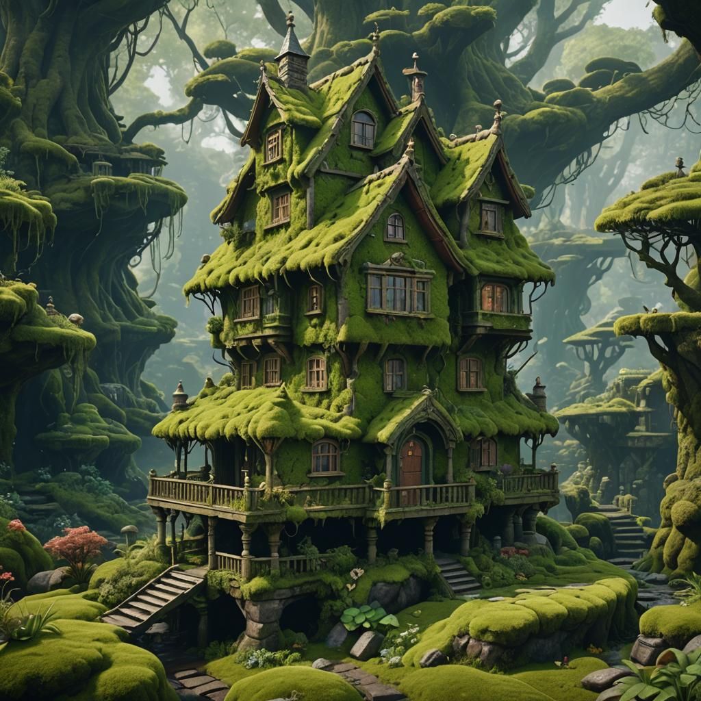 Fantastical Green Moss House in Detailed Matte Painting