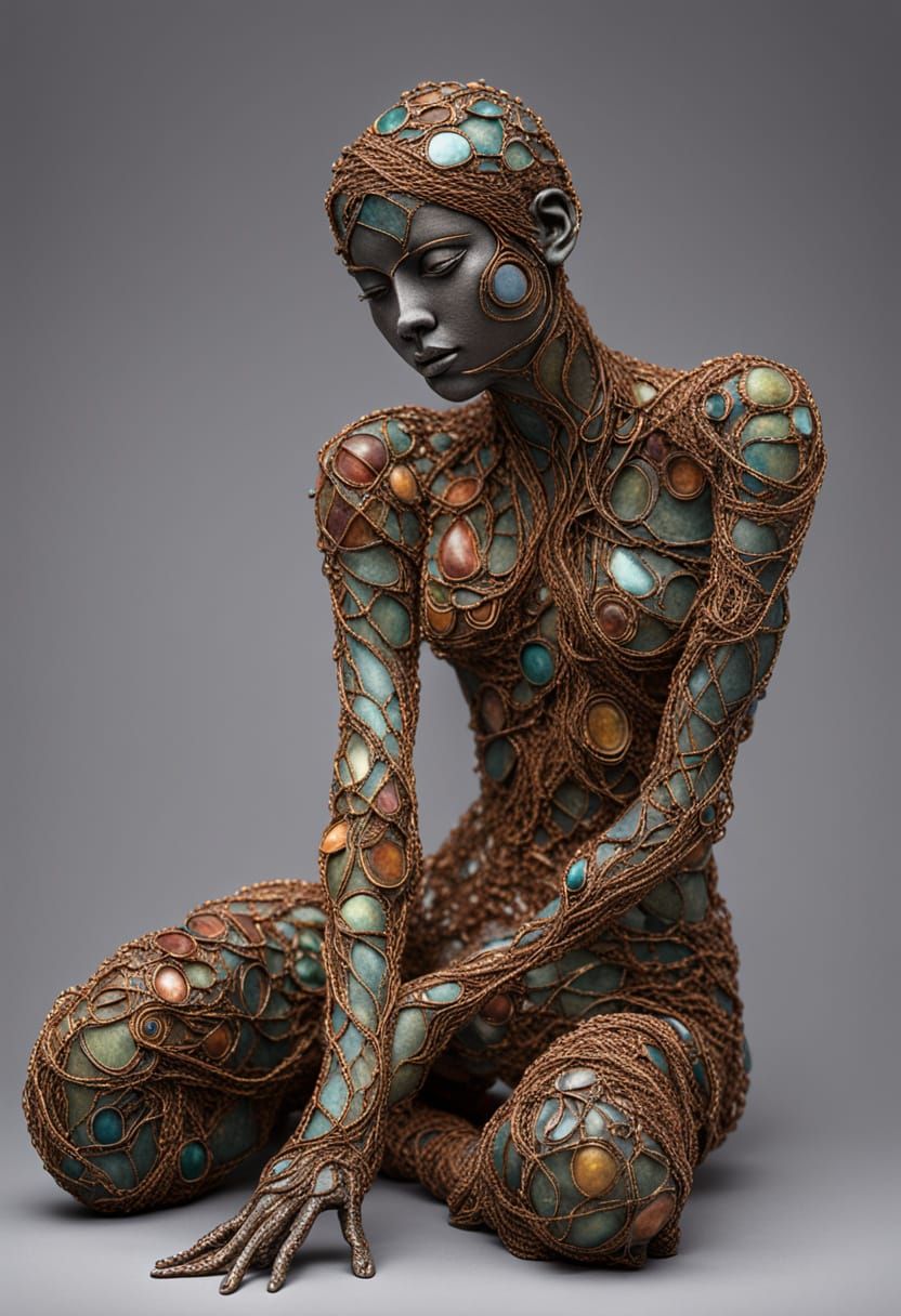 Dynamic Mixed-Media Sculpture with Twisted Wire and Clay